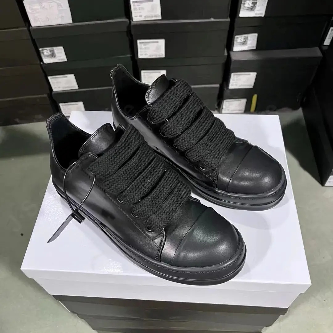 Brand Shoes RIcks Men All Black Leather Shoes Women Sneaker RO Cowhide Shoes Jumbo Laces Casual Shoes Owens Luxury Flats Shoes