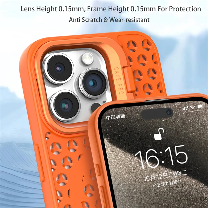 Luxury Camera Fold Holder Case For iPhone 16 15 14 Plus 12 13 11 Pro Max For Magsafe Wireless Charge Heat Dissipation Soft Cover