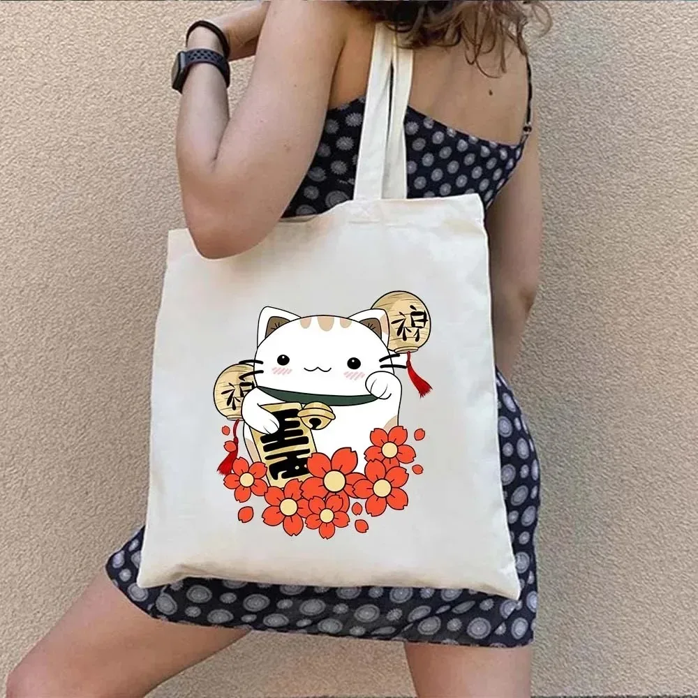 Japanese Lucky Cat Canvas Tote Bag Maneki Neko Cherry Blossom Pattern Eco Friendly Reusable Shoulder Shopping Bag