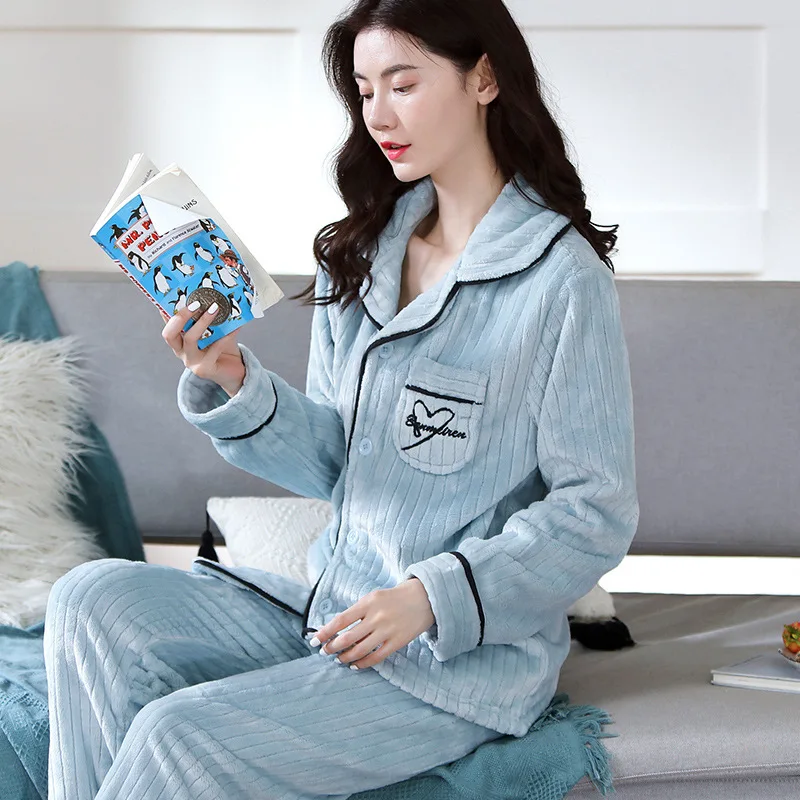 Roze Verdikte Koraal Fleece Nachtkleding Winter Flanellen Vrouwen Pyjama Set Nachtkleding Pyjama Pour Femme Losse Huiskleding Loungewear