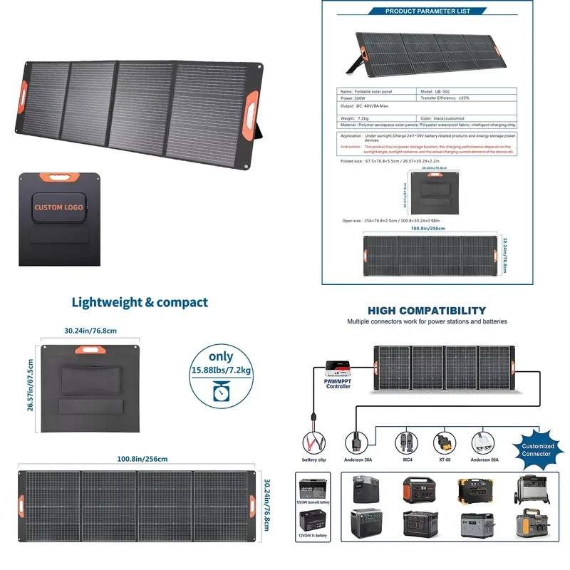Universal 200W Portable Solar Panel Xt60 Fast Charging Outdoor Power Station RV Generator Mobile SUNSUN UB-300 22% Efficiency