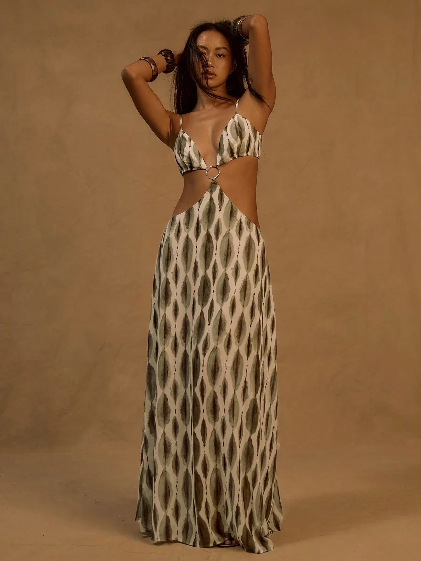 

Printed Chiffon Cut Out Strappy Maxi Dress Beach Holiday Summer Vacation Elegant
