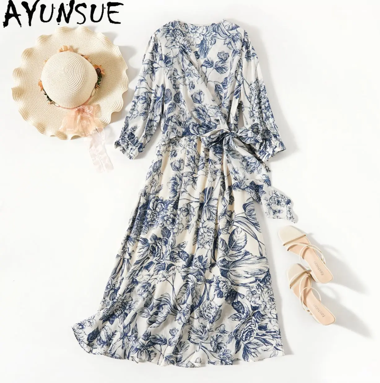 

AYUNSUE 100% Mulberry Silk Dresses Woman Floral Print Elegant Dress V-Neck Long Dresses for Woman Clothing Vestidos De Mujer