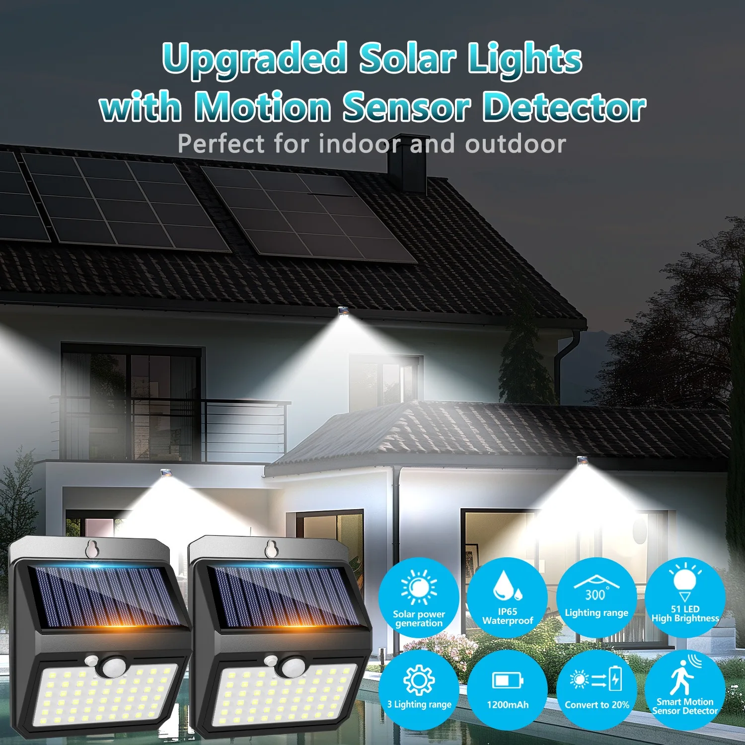 Outdoor Wall Light 51 LED Solar Motion Sensing Light Ip65 Waterproof 3 Working Modes for Courtyard Light Father's Day Warm Gift