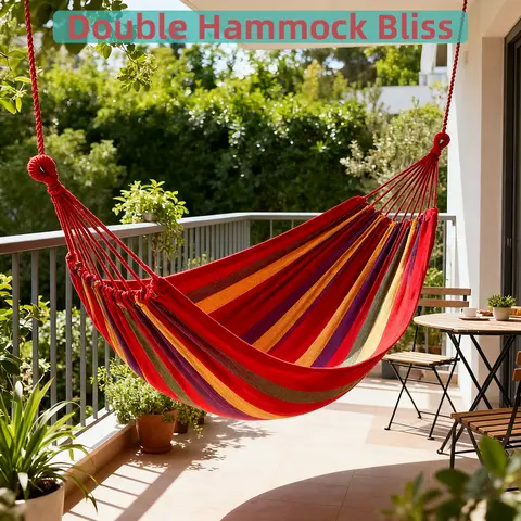 Double Hammock 2 Person Canvas Cotton Hammock with Tree Straps for Patio Garden Backyard Outdoor and Indoor (Red, Blue)