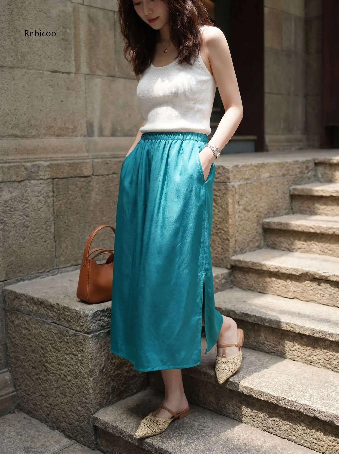 Solid Tone Loose Fit Midi Skirt For Women Elastic Waist Side Pockets Side Slit Hem Comfortable Casual Everyday Garment