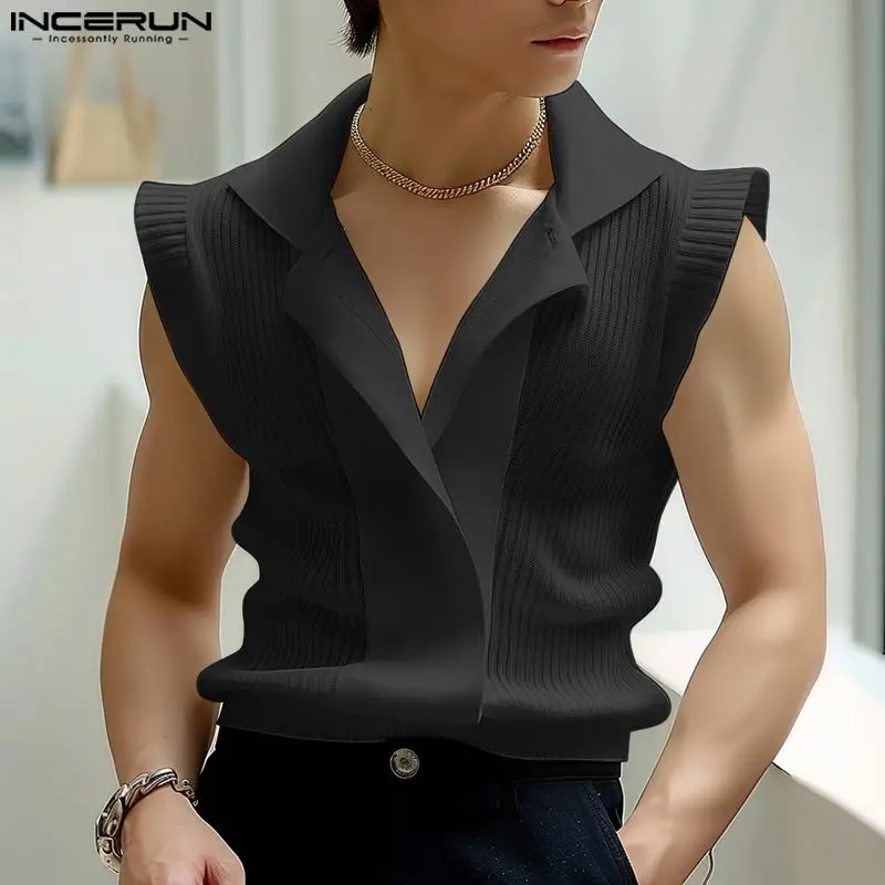 

INCERUN Men Shirt Knitted Patchwork Lapel Sleeveless Summer Men Clothing Streetwear 2024 Fashion Korean Casual Male Shirts S-5XL