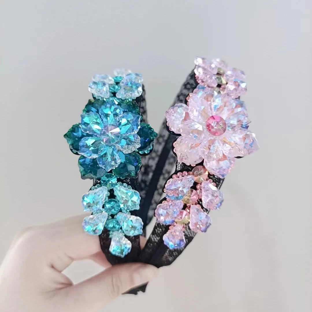 New crystal flowers gauze half circle of hair hoop adult woman temperament wide border sliding pressure hair hair accessories