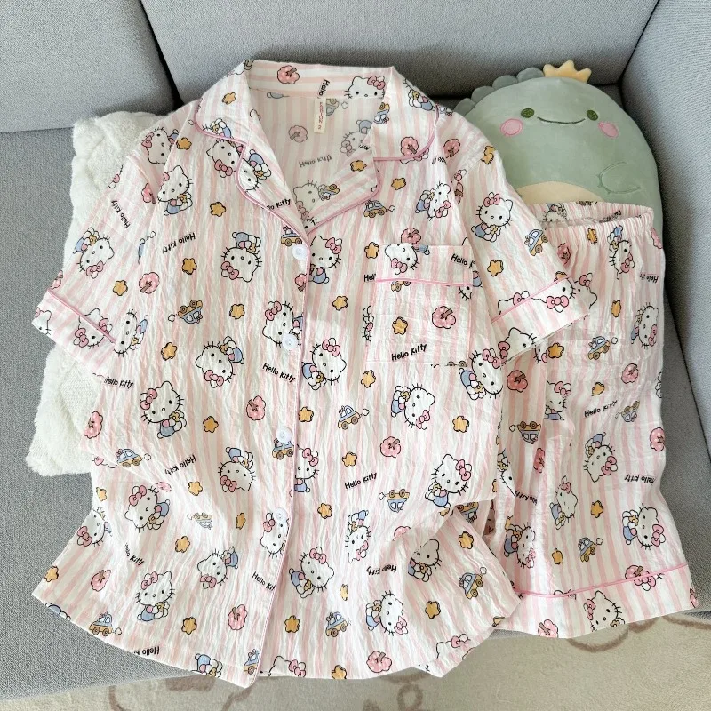 Summer Cartoon Kitten Sweet Cotton Sleepwear Set Sweet Loose Comfortable Home Clothes Y2K Women's Sleepwear Cool Breathable