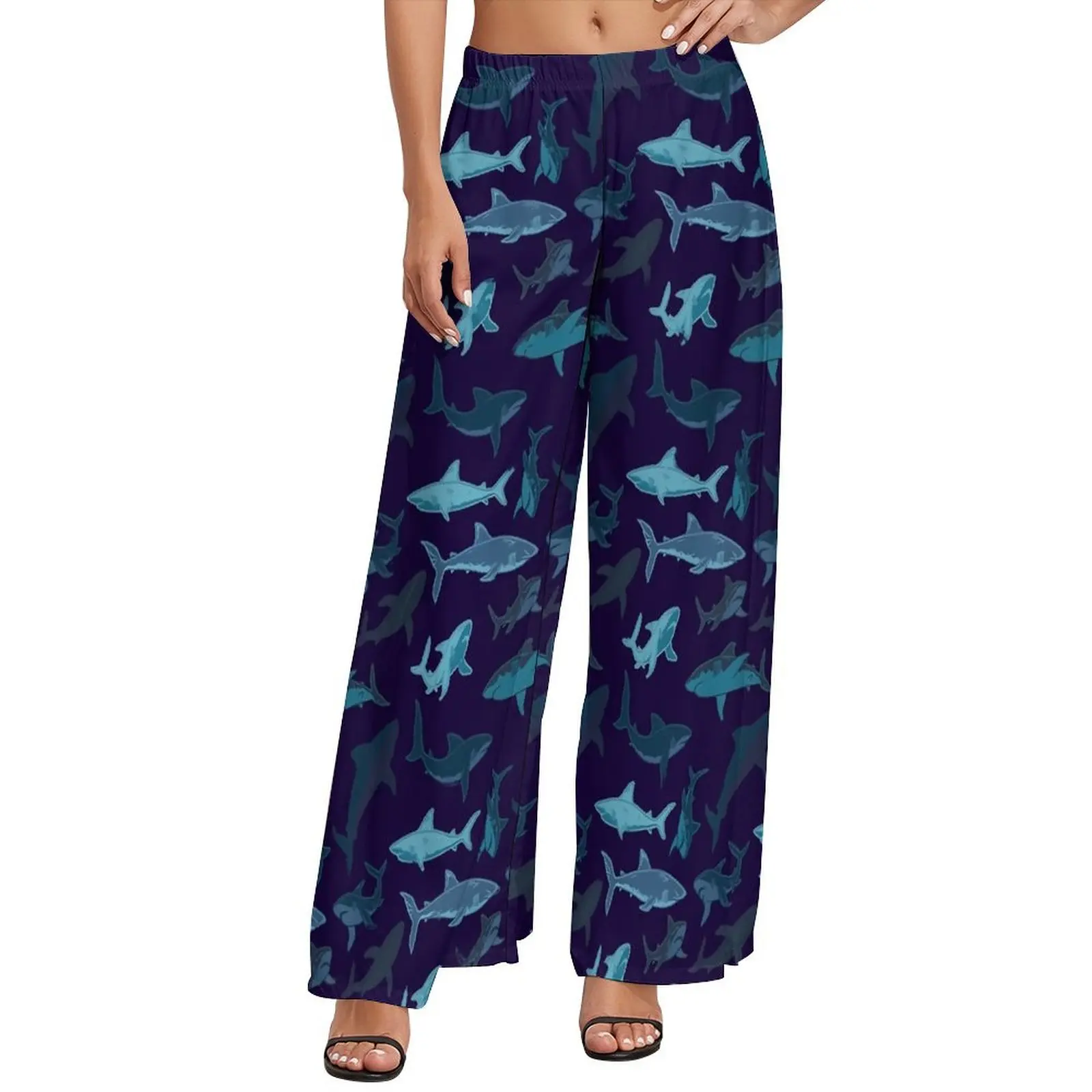 Blue Sharks Pants Elastic Waist Camo Camouflage Classic Trousers Beach Pattern Wide Leg Pants