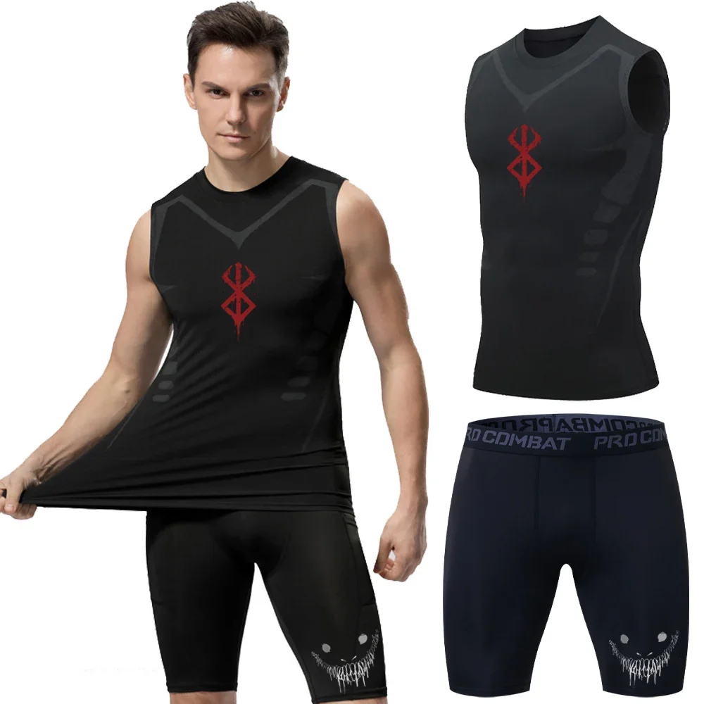 

Anime Compression Sports Suit Men sacrificial Compression Sleeveless Shirt+Manga Shorts Quick Dry Gym Set Workout 2PCS Summer