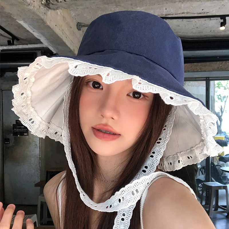 

Korean Simple Temperament Lace Blue Bucket Hat Women's Summer Fashion Vacation Big Brim Sunshade Strap Foldable Sun Cap Gorras