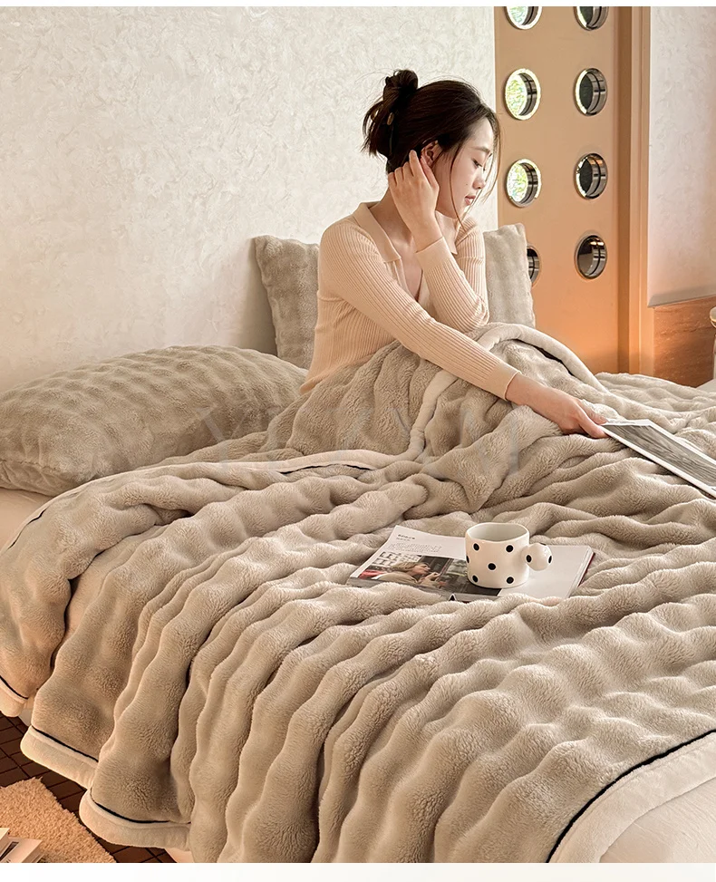 Ultra Soft Imitation Rabbit Fur Throw Blanket Autumn Warm Bubble Fleece Blanket for Bed Sofa Travel Single Double Plush Plaid
