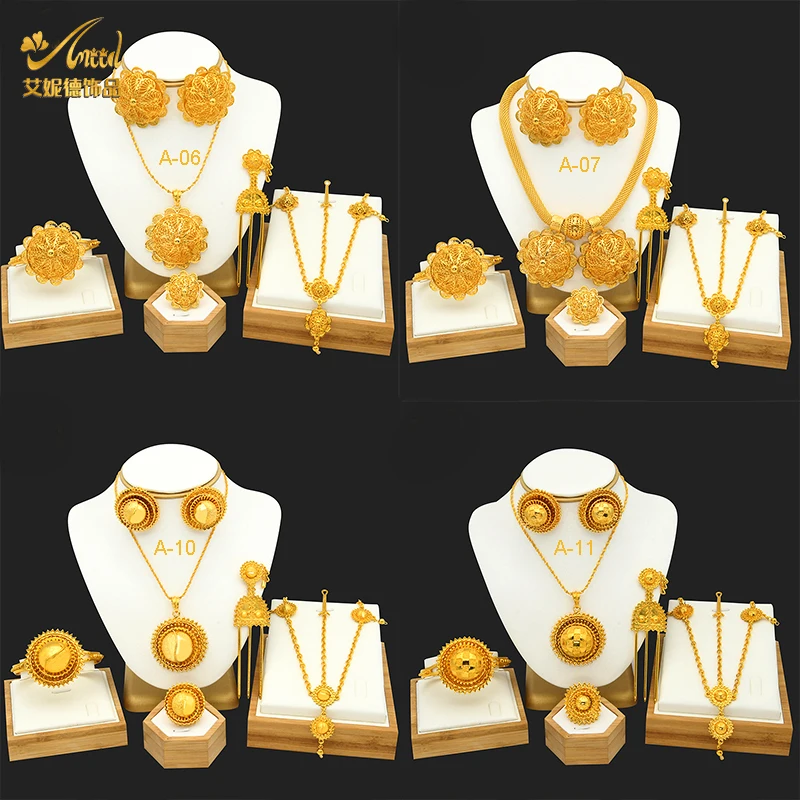 ANIID Dubai High Quality 6PCS Jewelry Set Indian Flower Gold Plated Necklace Bracelet Sets Nigeria Bridal Wedding Party Gifts