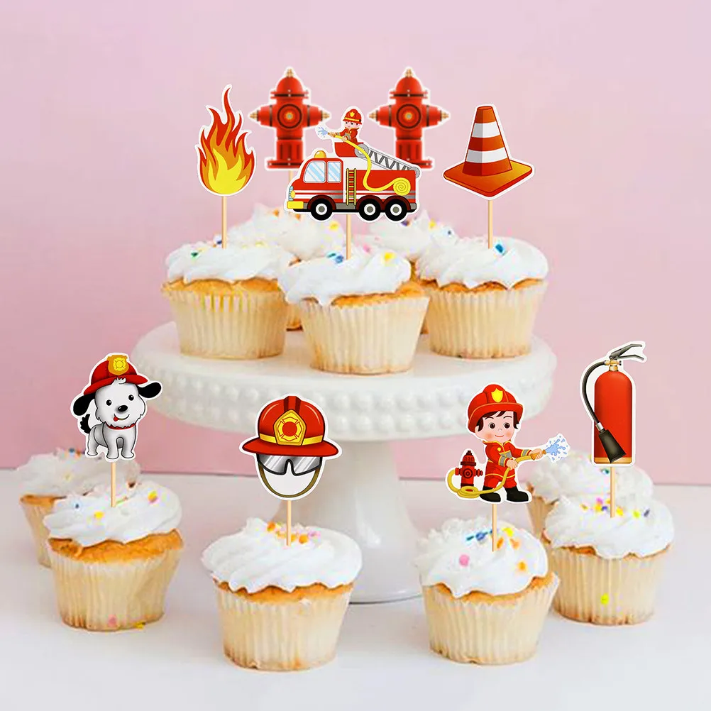 32Pcs Firefighter Cupcake Picks Fireman Cake Decorations Engine Rescue Party Birthday Cake Toppers Supplies Birthday Fruit Picks