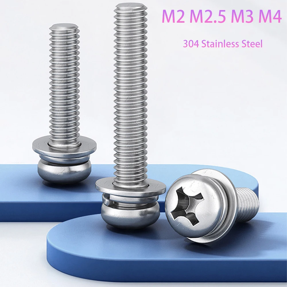 25/50pcs 304 Stainless Steel Cross Recessed Pan Head Screws M2 M2.5 M3 M4 With Washer Phillips Three Combination Machine Sems Sc