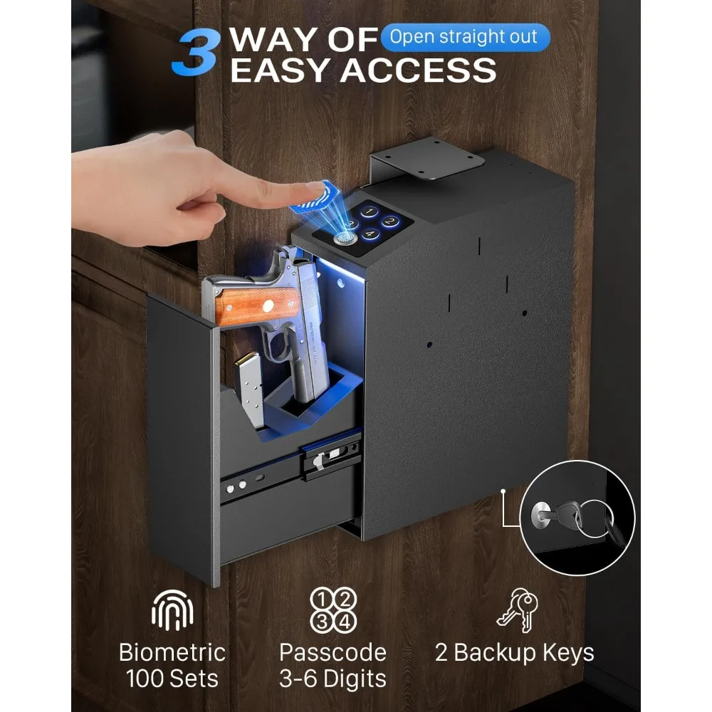 Sejf na broń, sejf na broń krótkostrzałową z biometrycznym zamkiem, pełnowymiarowy, do szafki nocnej, biurka, przy łóżku, do samochodu - automatyczny sejf na broń z przesuwanym zamkiem na pistolet -w