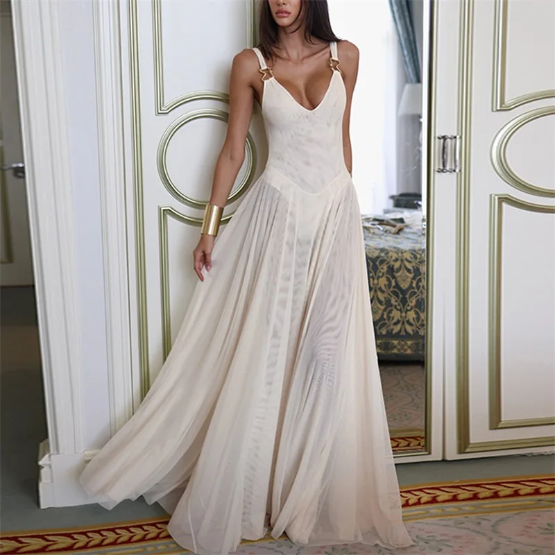 女性シースルーマキシドレスメッシュダブル V ネックスキニーメタルバックル夏の宴会誕生日エレガントな結婚式ボディコン