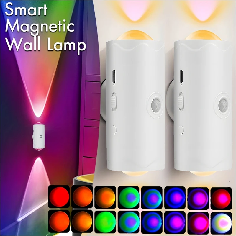

Rechargeable LED Motion Sensor Night Lights Magnetic Mounting RGB Gradient Ambient Wall Lamp Dimmable Indoor Stair Lamp
