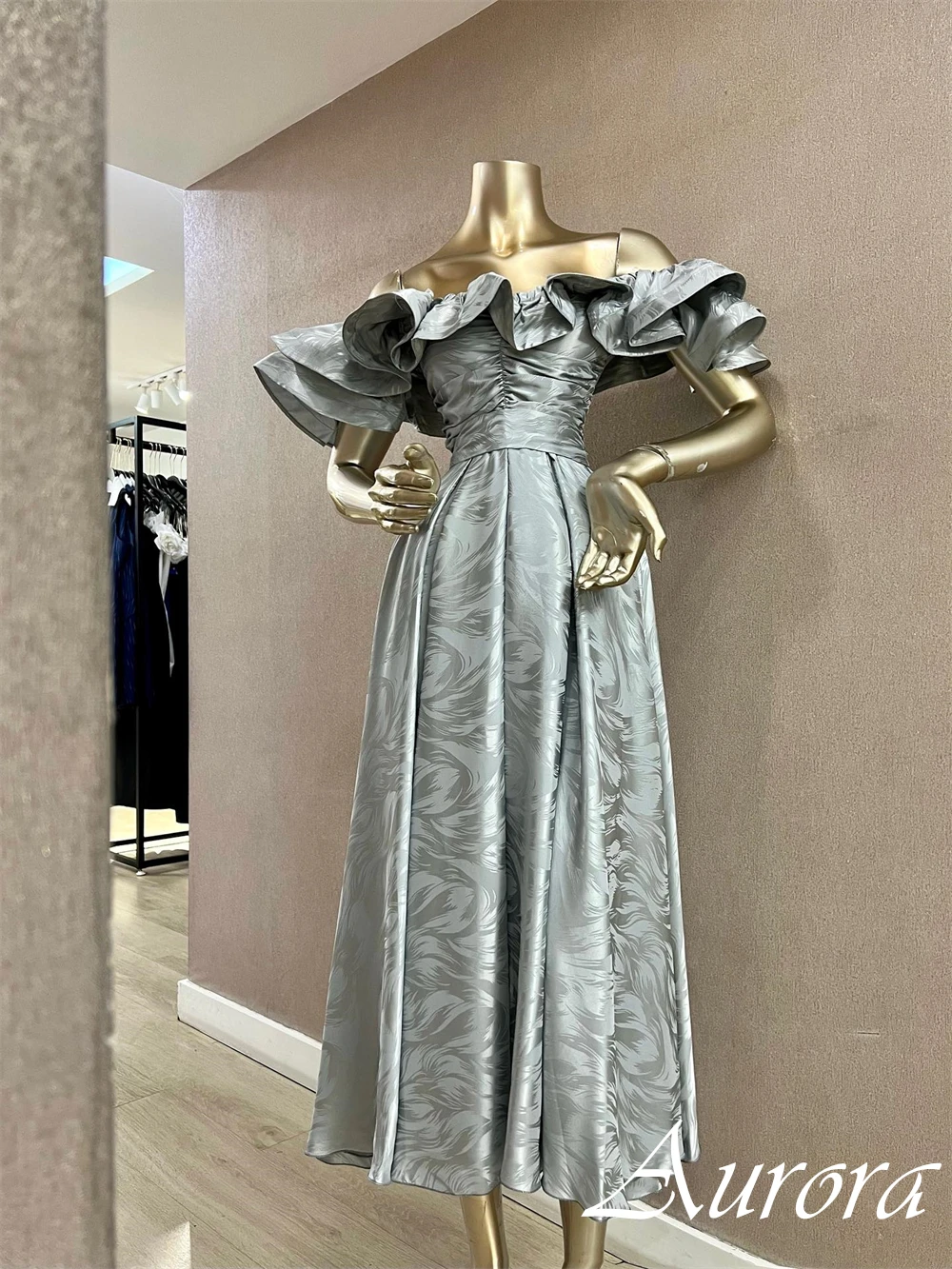 

Customized Off the Shoulder Short Sleeves High Quality Cocktail Dress A-Line Tea Length Formal Cocktail Dress Zipper Back Soft