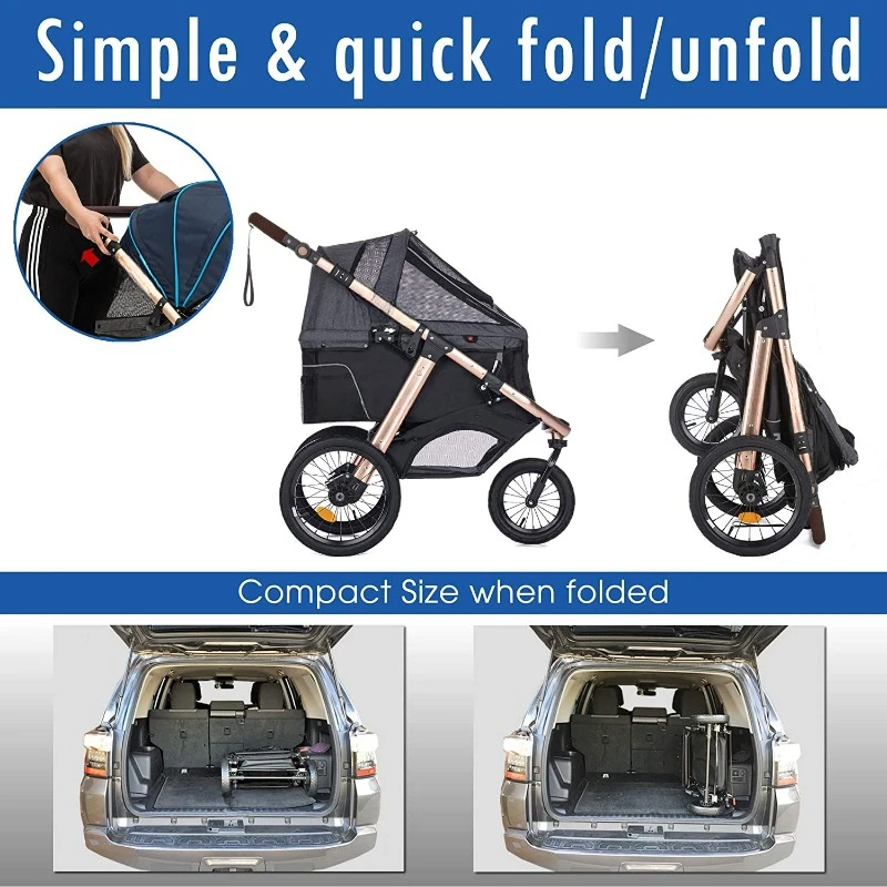 Sports Stroller with Comfort Rubber Wheels/Zipper-Less Entry/1-Hand Quick Fold/Aluminum Frame for Small/Medium Dogs