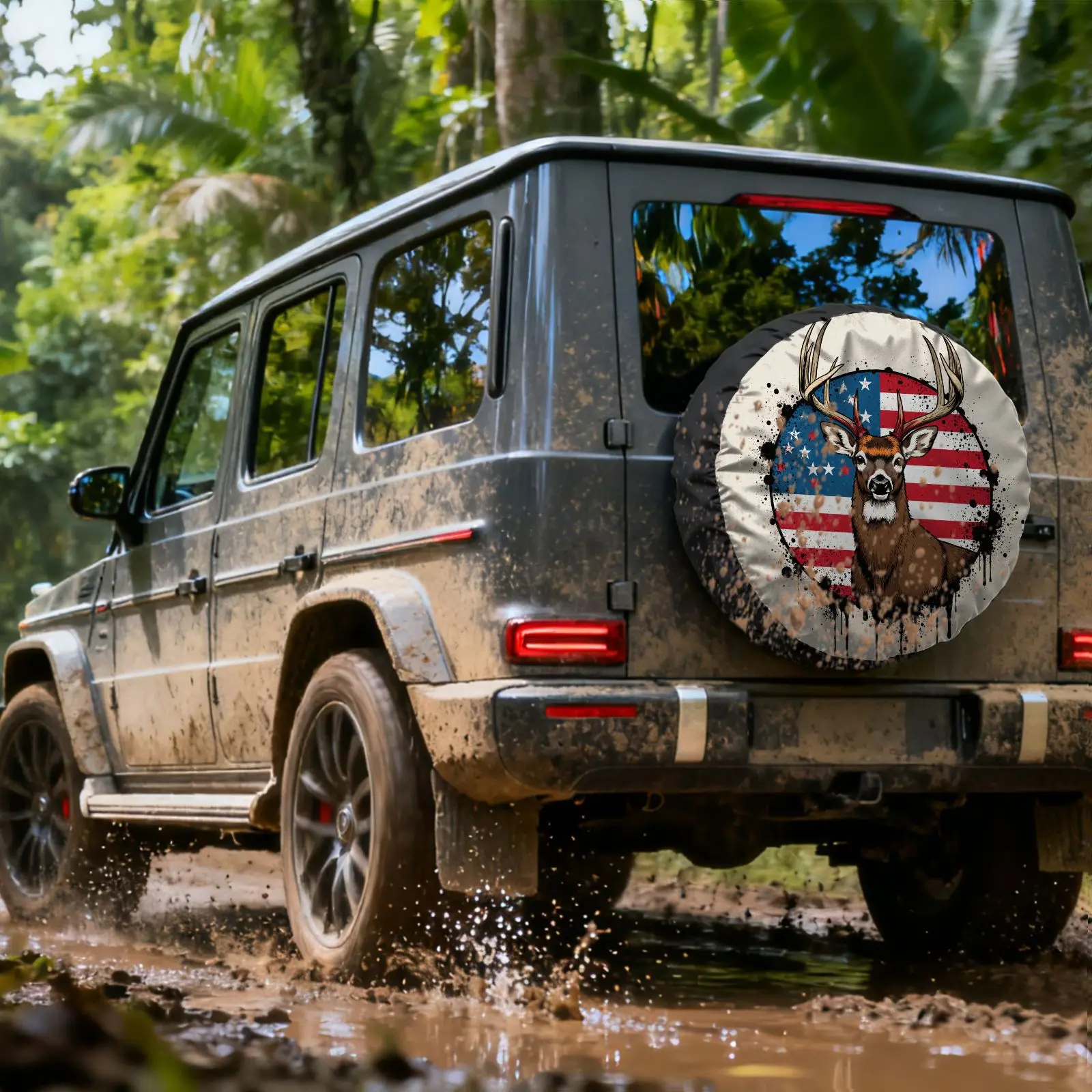 American Flag Deer Head Pattern Tire Cover | Polyester Decorative Spare Tire Cover With Vintage Graffiti Style, Universal Fit Fo