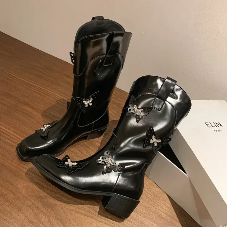 

Gorgeous Rhinestone Butterfly Western Cowboy Boots Retro Square Head Square Heel Knight Boots Genuine Leather Sexy Women's Boots