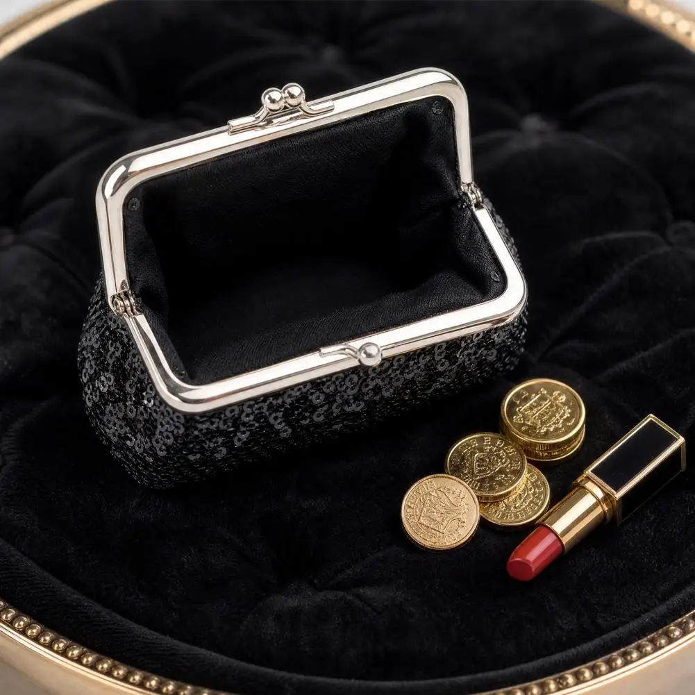 Multi-use Small Bag Women’s Coin Purse with Metal Hinge Kiss-lock Lightweight Mini Wallet with Sequined Glitter for Cards
