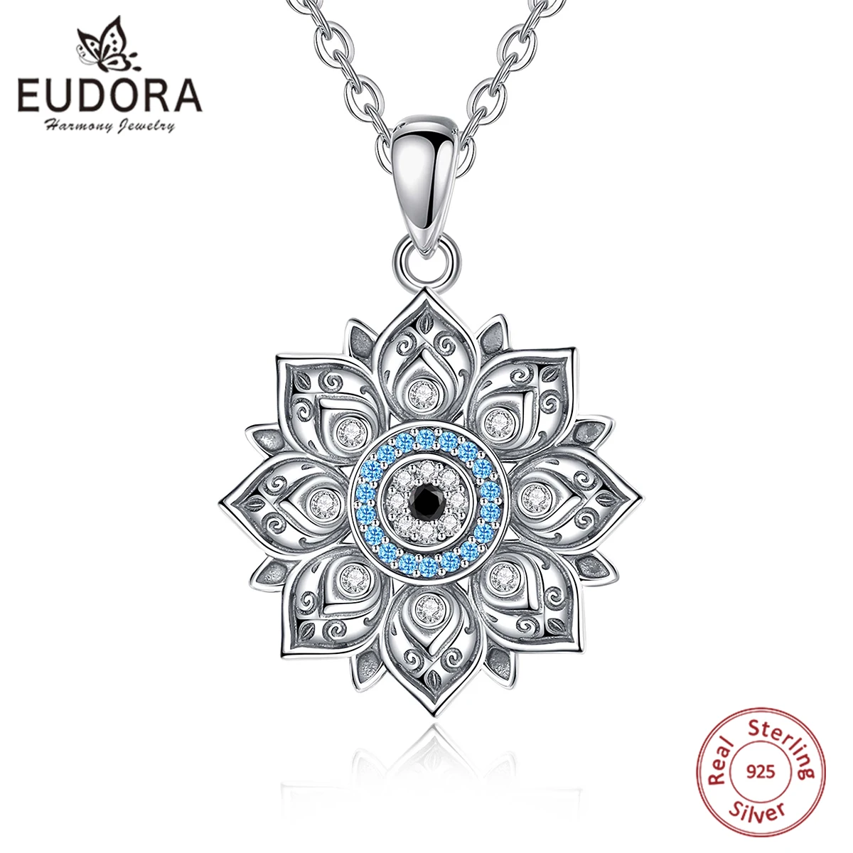 Eudora 925 Sterling Silver Lotus Evil Eye Naszyjnik dla kobiet Mężczyzna Vintage Evil Eye Lotus Flower Wisiorek Osobowość Biżuteria Prezent