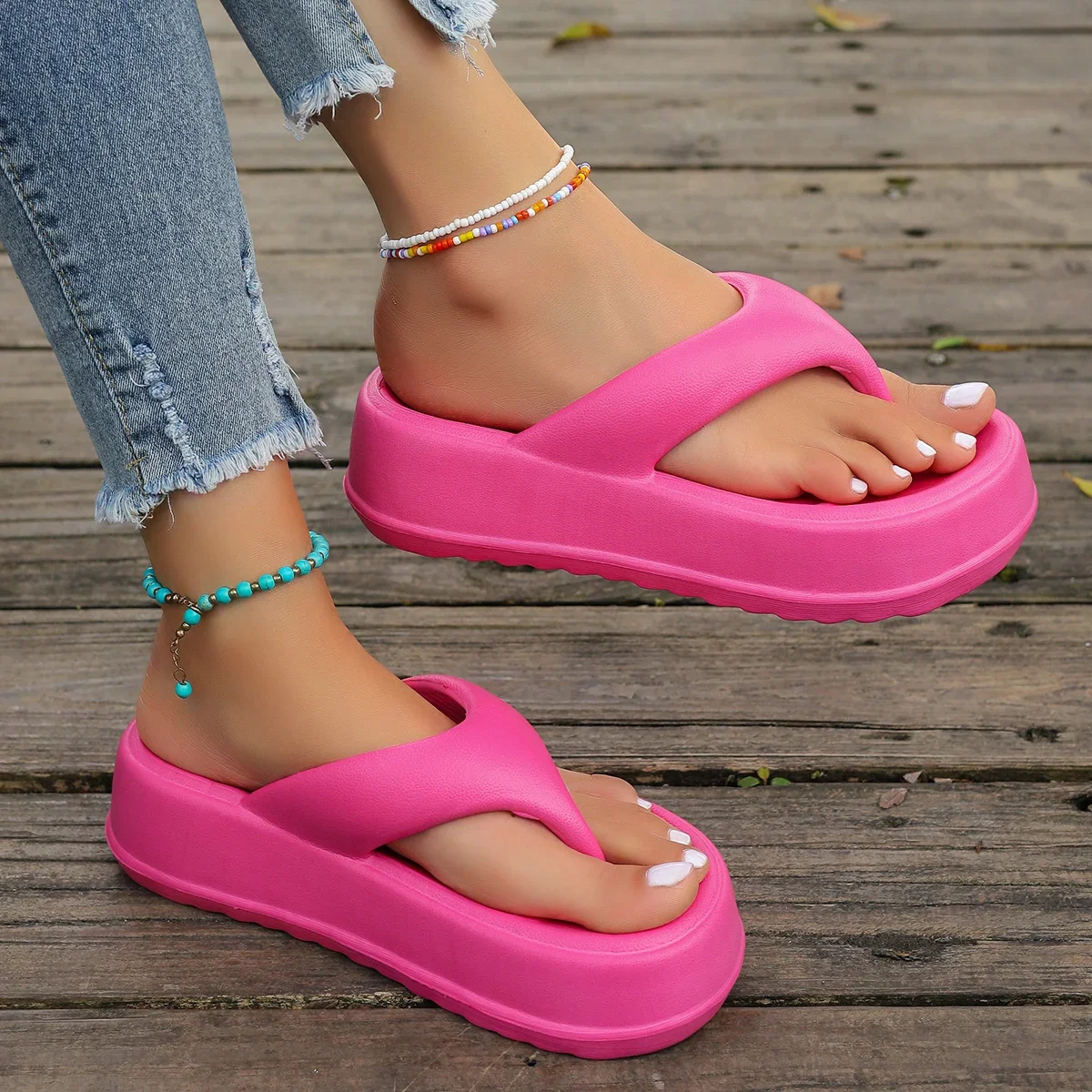 Chunky Platform Rose Red Height Increase EVA Sandals Women Summer Wedge Heel Beach Flip Flops Woman Lightweight Non Slip Sandals