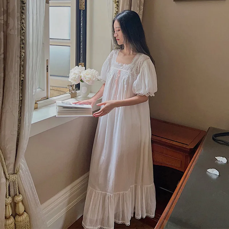 Summer Short Sleeves Cotton Nightwear Lace Square Collar Cotton Nightdress Princess Victoria White Long Nightgowns Loose Gowns