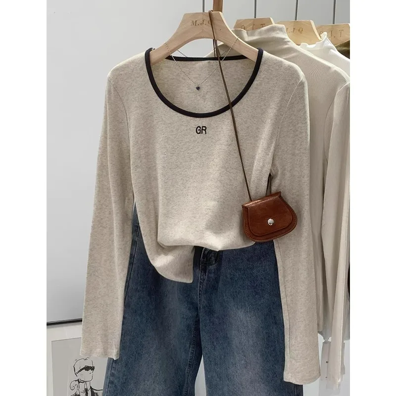 

Женская зимняя модная базовая футболка с длинным рукавом, облегающая, с U-образным вырезом, с декоративной отделкой на плечах, удобная, в корейском стиле