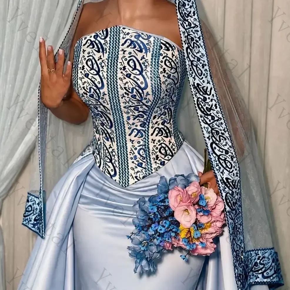 Customized Light Blue Evening Gown Printed Corset Bodice Satin Skirt With Matching Veil Formal Gala Prom Party Runway Dress