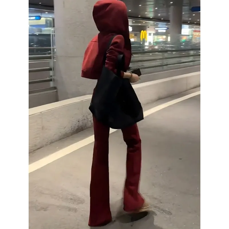 Women's Slightly Flared Pants Hooded Zipper Sweatshirt and Jacket Two-piece Set Winter Style Fleece Slimming Red Sportswear Set