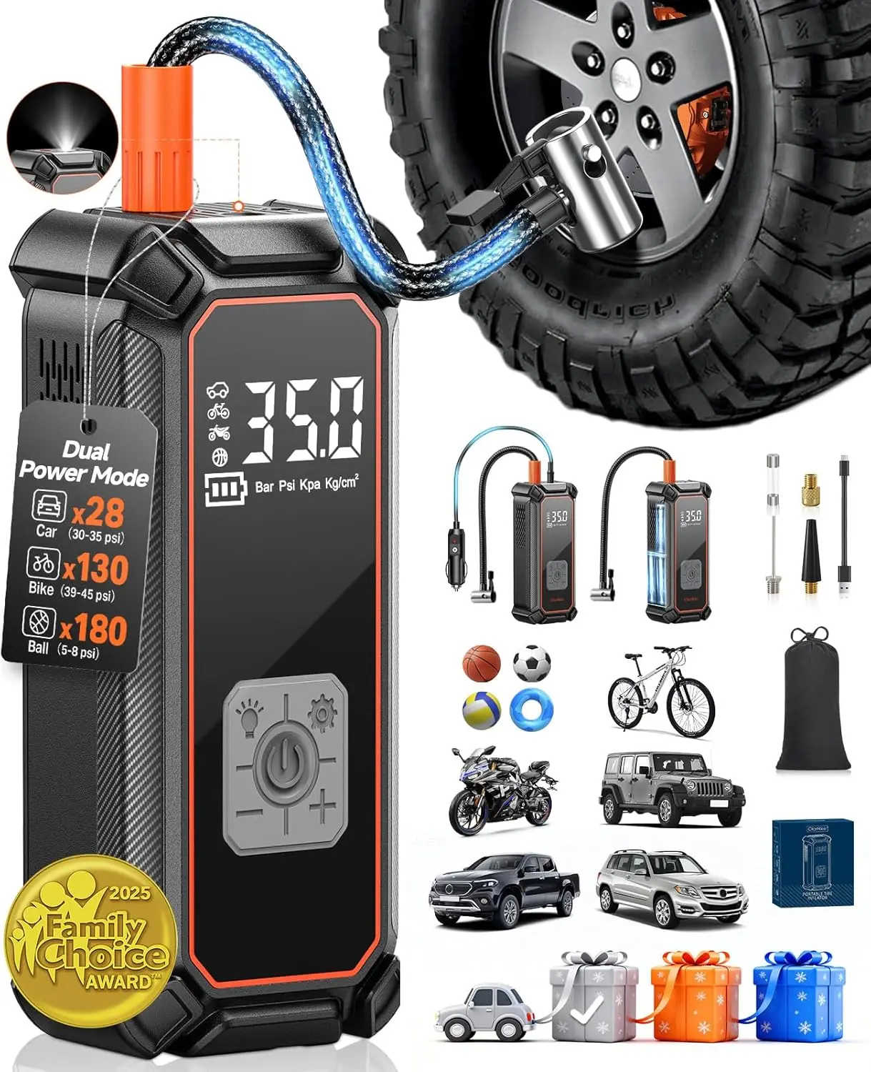 

Portable Air Compressor with 9000mAh Battery, 150PSI Dual Mode for Car Tires, Motorcycle, Bicycle - LED Light & Digital Gauge