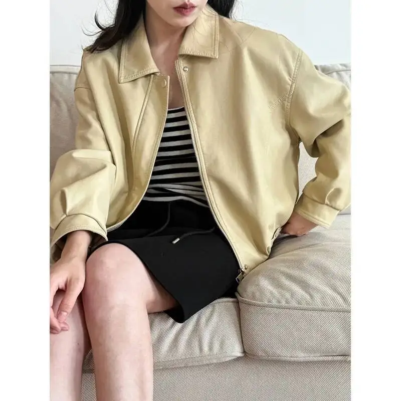Women Short PU Leather Jacket Spring Turn Down Collar Zipper Long Sleeve Loose Casual Coat