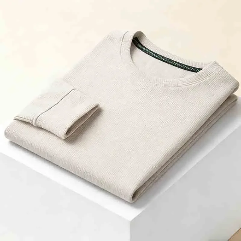 Herren Komfortables Kamel-Waffelstrick-Rundhals-Langarm-T-Shirt Ganzjähriges Casual-Oberteil für Arbeit & Freizeit