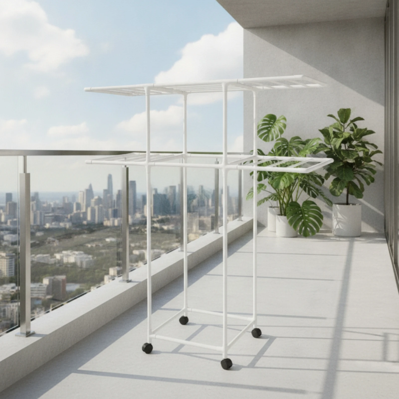 Double Rod Clothes Rack Space-Saving Clothes Rack with Wheels Furniture Portable Versatile for Bedroom, Balcony