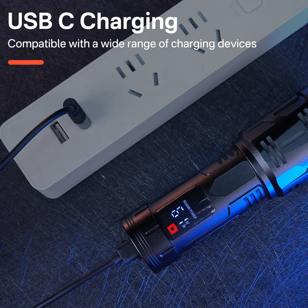 BORUIT-linternas Led de alta potencia, linterna con zoom para acampar, recargable, pantalla digital, iluminación al aire libre, pesca, senderismo, portátil