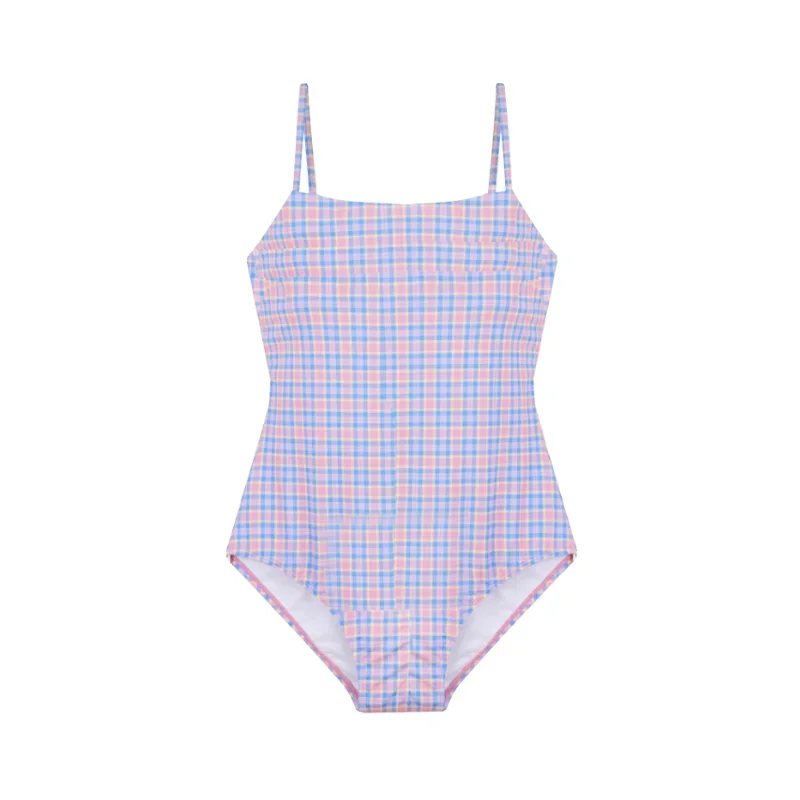 2024 letnie koreańskie stroje kąpielowe damskie Plaid proste Backless Retro jednoczęściowy strój kąpielowy bikini w paski strój kąpielowy kobiety z