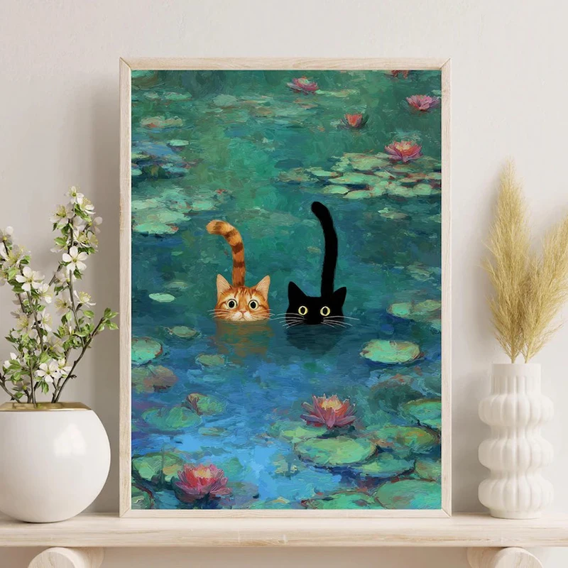Monet Inspired Art Print, Whimsical Cat Poster Funny Cat Wall Art for Living Room Home Decoration