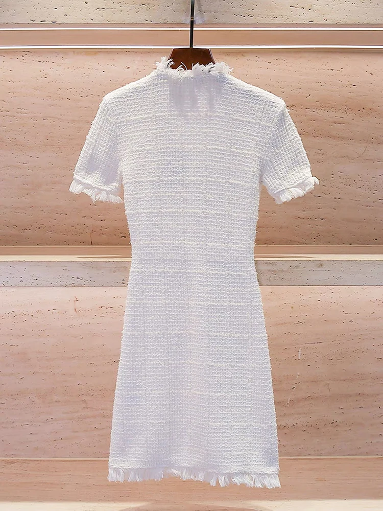 Women's V-neck short-sleeve knit dress with rhinestone-embellished buttons and fringe trim – New for Autumn 2026.