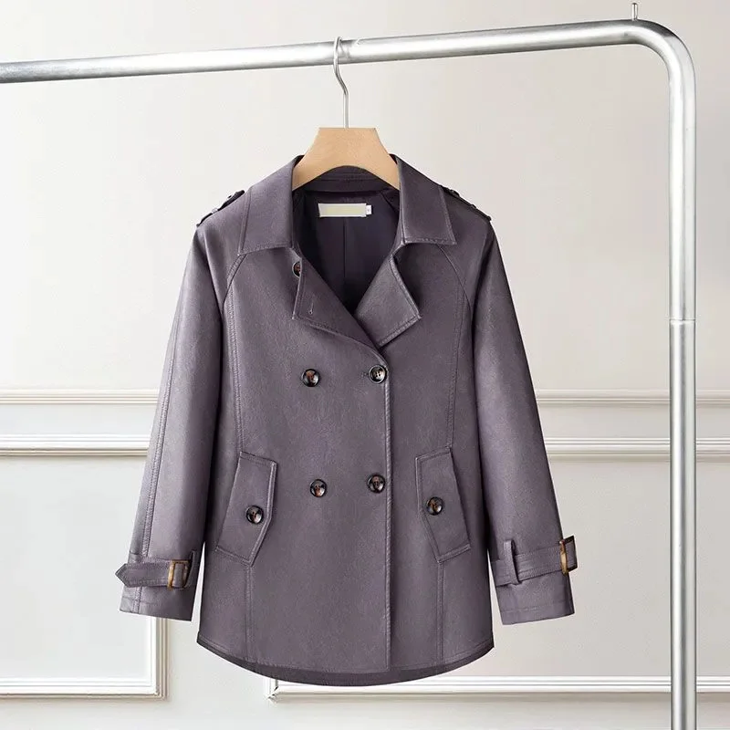 2025 Fall/Winter New Mother's PU Jacket: Women's Loose Fit Flattering Short Fit Versatile Turn-Down Collar Premium Leather Coat