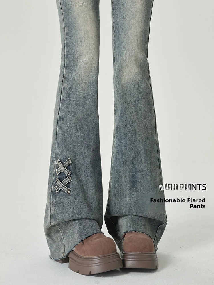 

Джинсовые джинсы-колокольчики с высокой талией в стиле ретро, женские летние новые дизайнерские утягивающие брюки маленького размера, пикантные штаны-копыта для девочек