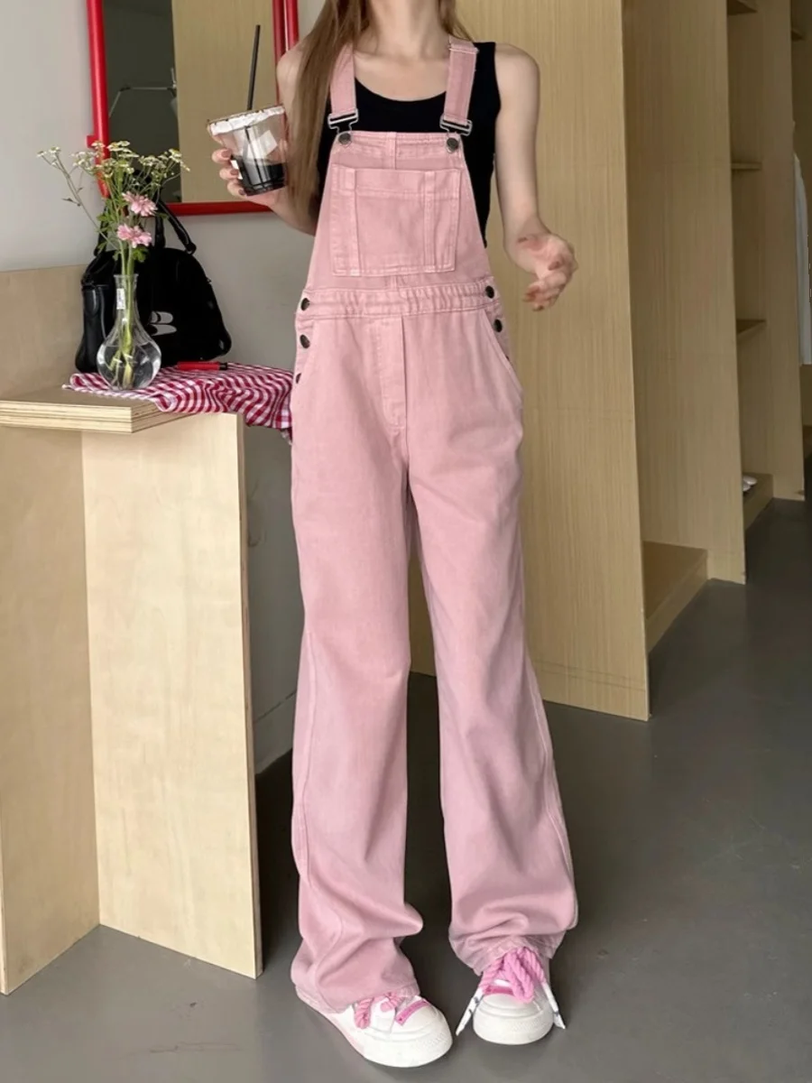 

Розовые джинсовые комбинезоны женские, свободные, прямого кроя, цельные брюки, винтажный повседневный дизайн Fufu, омолаживающий эффект, для работы, с высокой талией
