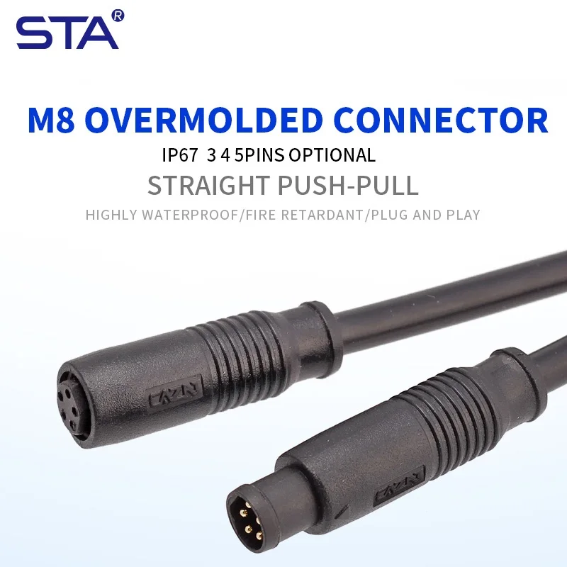 M8 Plastic Waterproof Connector Male Female IP67 Quick Lock Push Pull Overmolded Plug 3 4 5 6 8 Pin