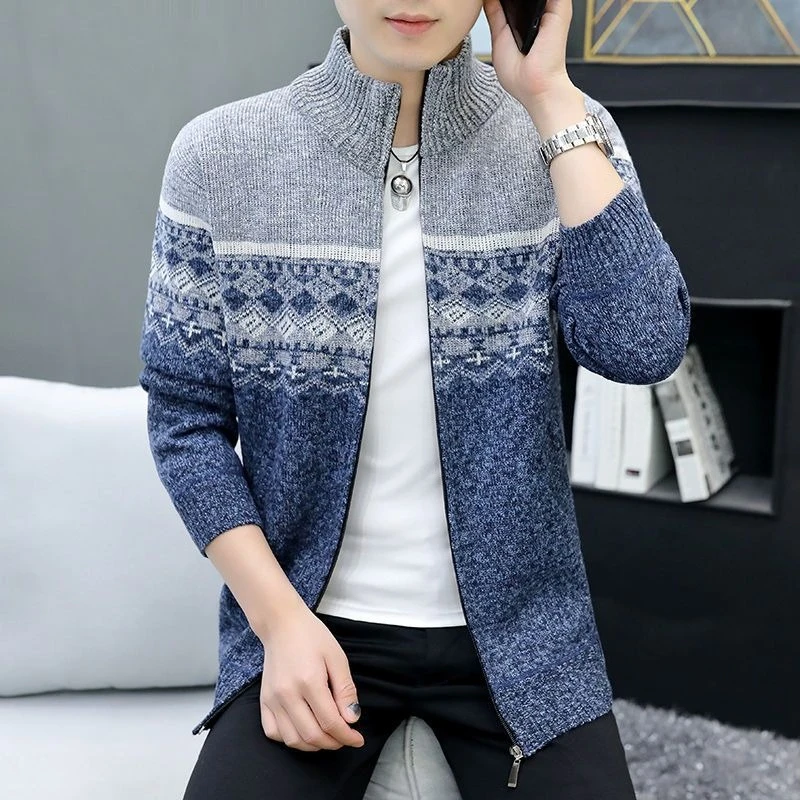 

Autumn Winter Men's Vintage Print Stand Collar Knit Cardigan Jacket Warm Fleece Lined Plus Size Youth Korean Style Coat