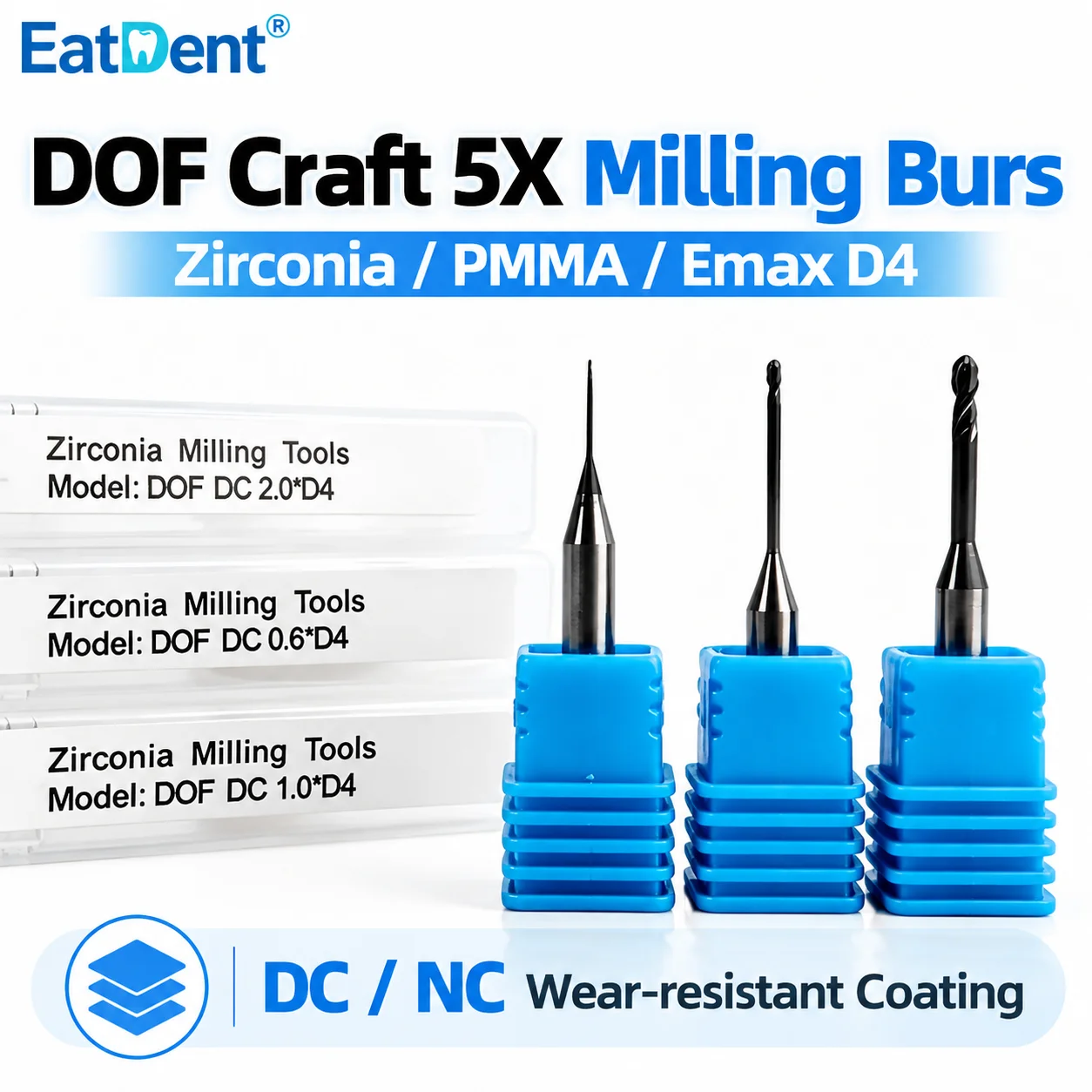DOF Craft 5X Dental Milling Burs for Zirconia PMMA Lithium Disilicate/Emax D4 DC Coating CAD CAM Dental Lab Grinding Drills 