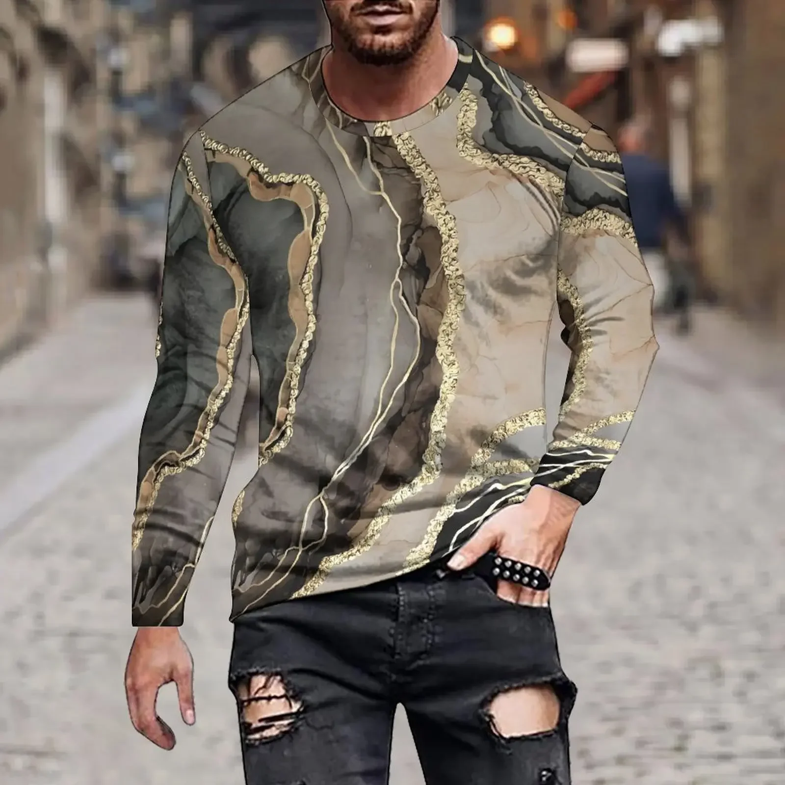 Simple Spring And Autumn Fashion Men Loose Casual Long Sleeve Solid Color Irregular Simulation 3D Printed Round Neck Hoodie Tops