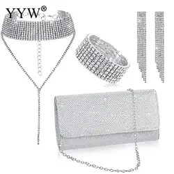 YYW 4 Pcs Women Rhinestone Evening Clutch Bag Silver Diamond Earring Bridal Wedding Necklace Bracelet Dangle Bling Glitter Purse
